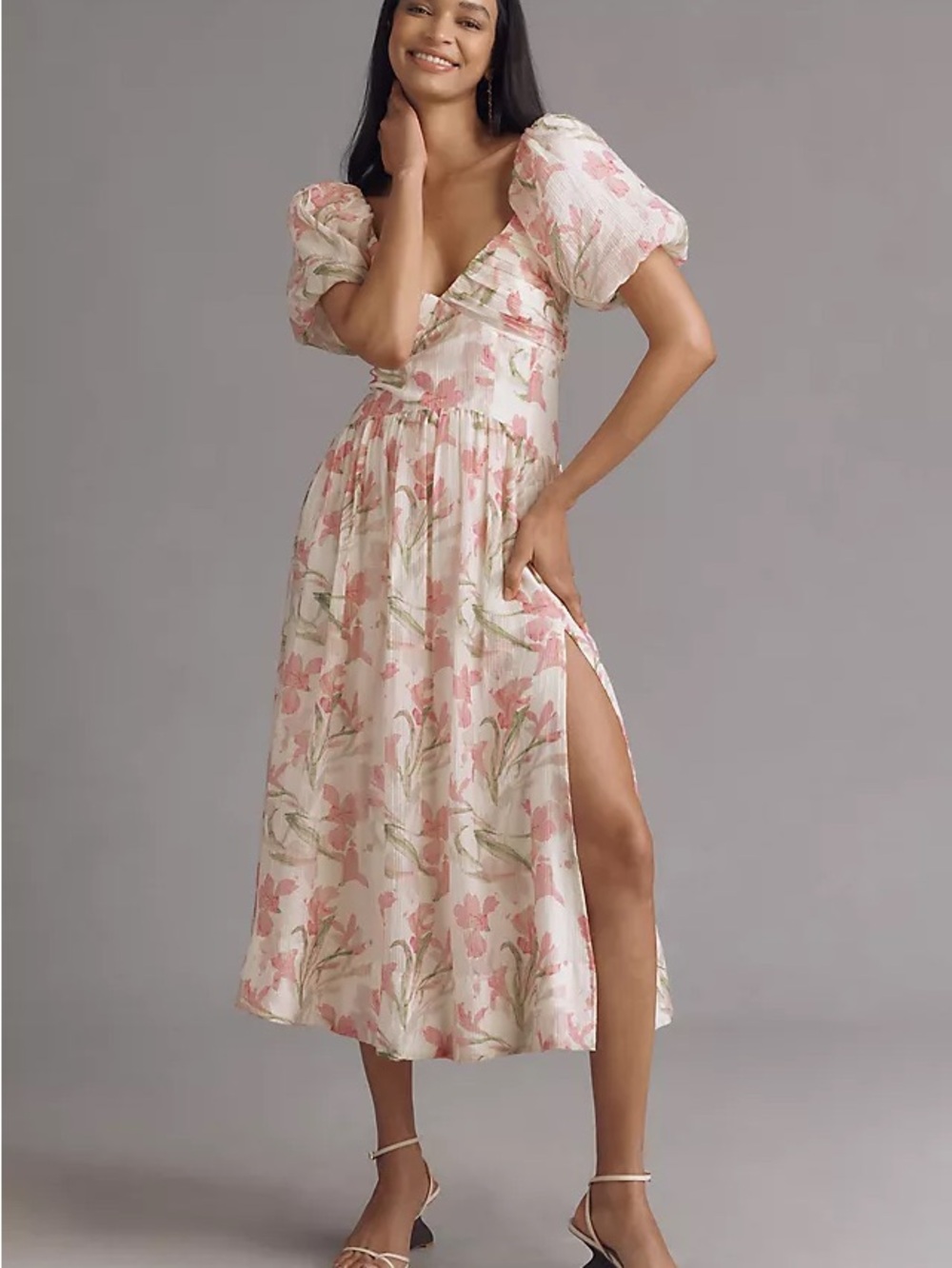 Astr Pink Floral Midi Dress with Puff Sleeves